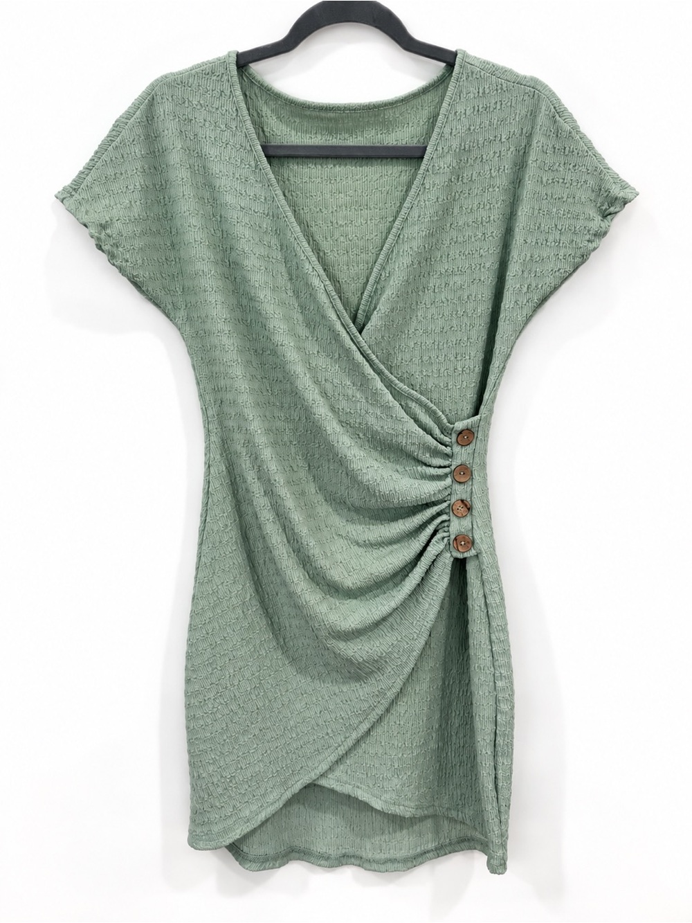 SHEIN Sage Green Ruched Wrap Mini Dress Button Detail M